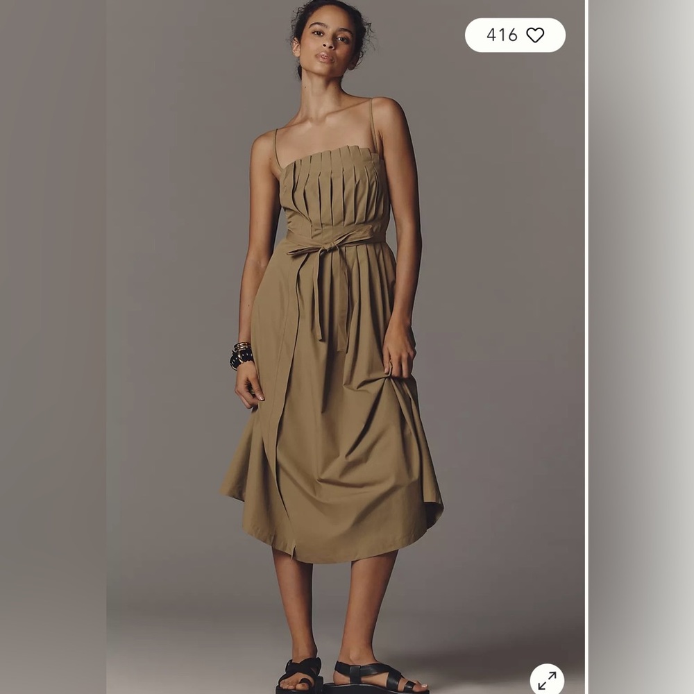 Anthropologie Utility Pleated Midi Dress Khaki Size Small